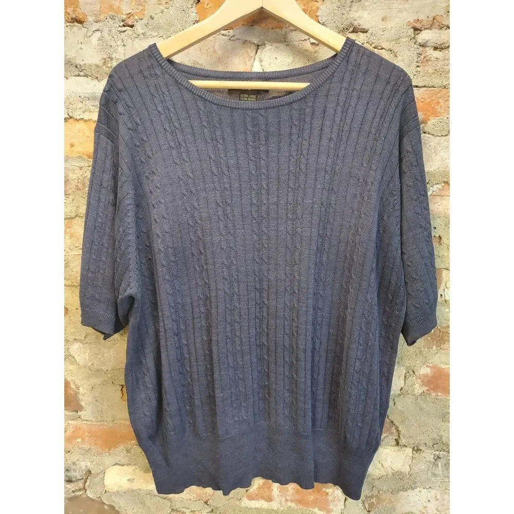 Yarnworks Pullover Sweater XL Navy Blue Cable Knit Short Sleeve Cotton Blend
